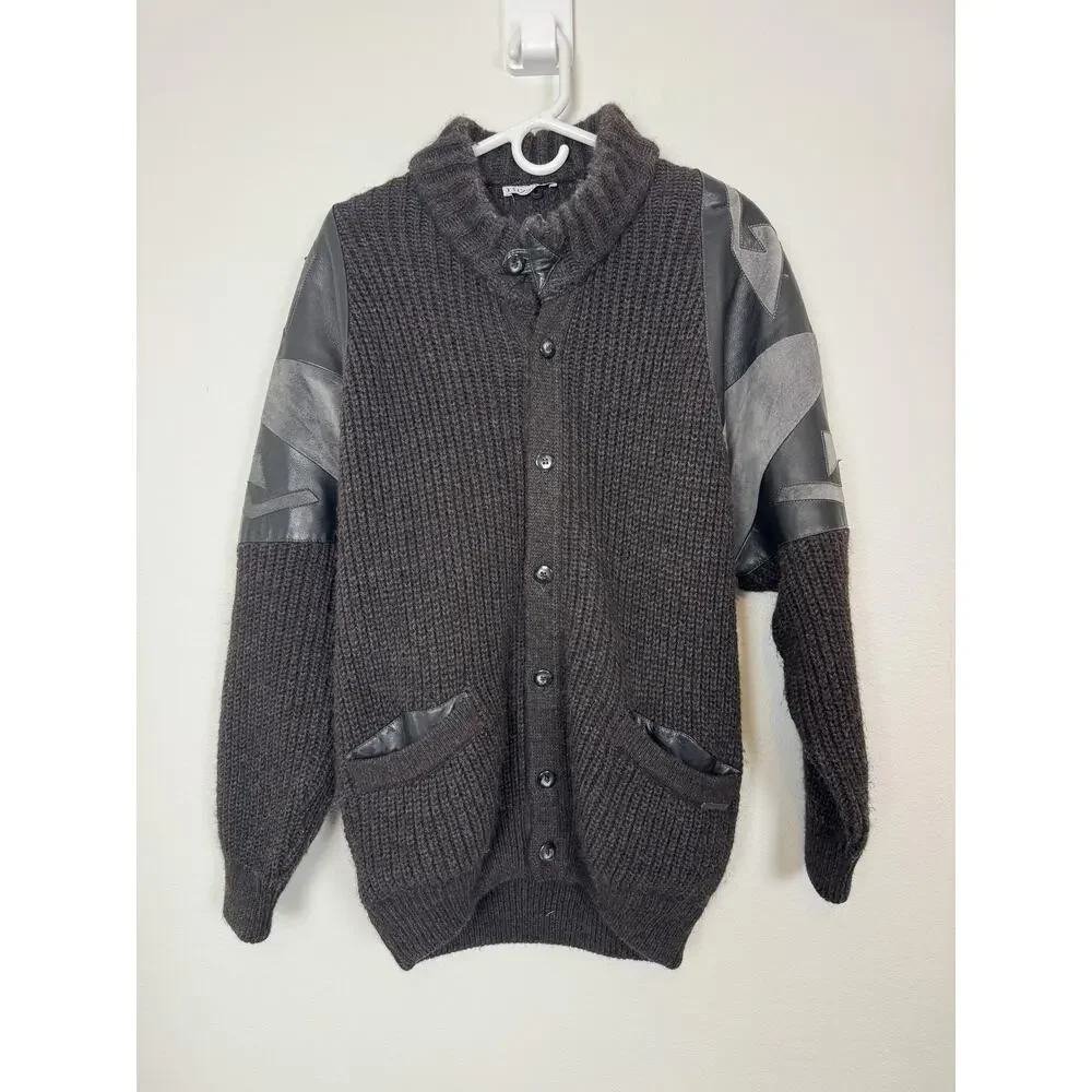 Alpaca Leather Patchwork Cardigan Sweater Mens M/L Brown Italy Made Bizzaro
